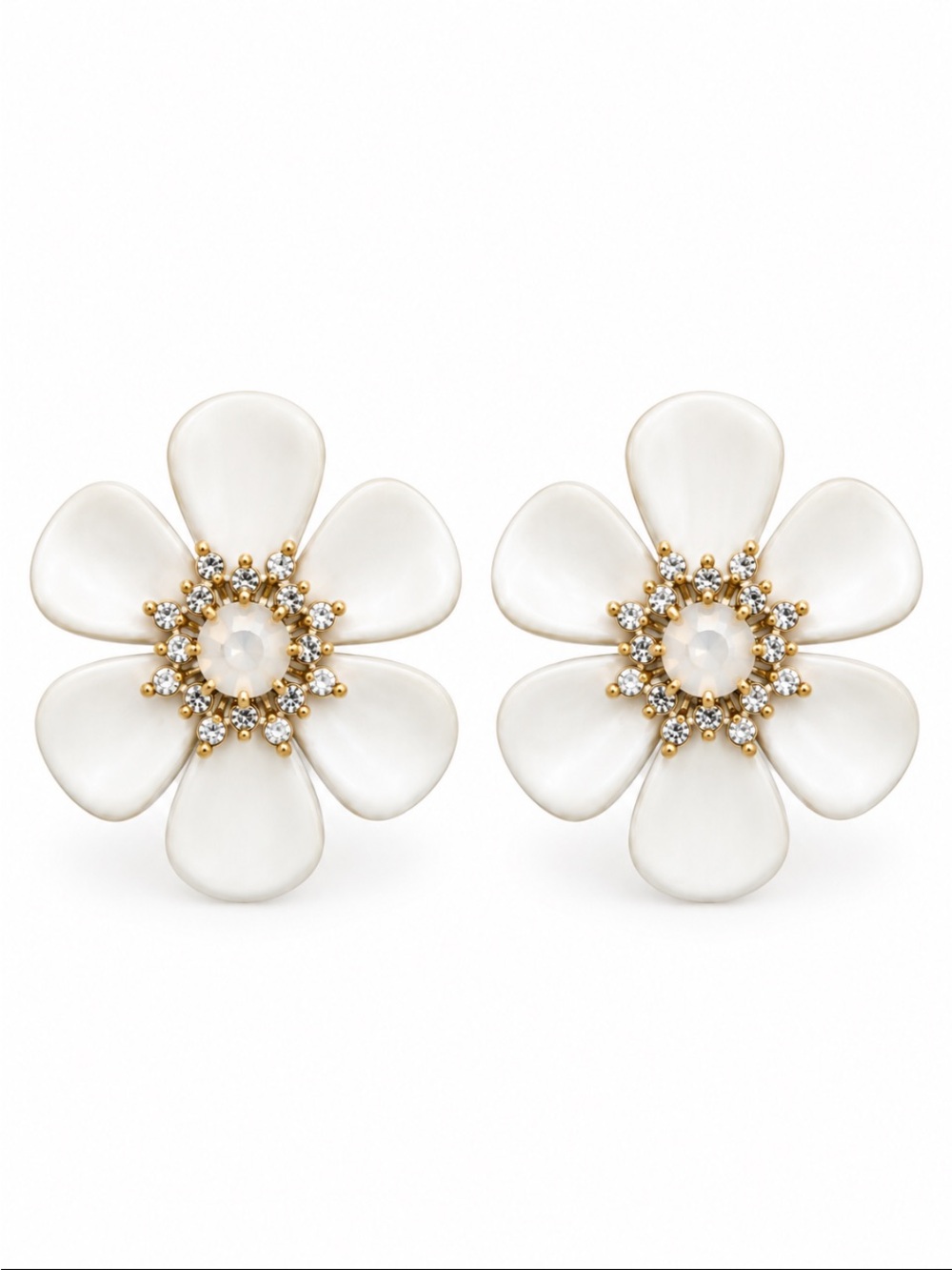 White Floral Statement Stud Earrings with Rhinestone & Opalescent Centers